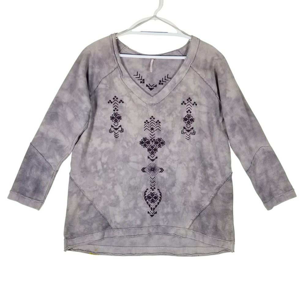 Free People Pullover Top Women Medium Purple Tie Dye Embroidered Boho V-Neck